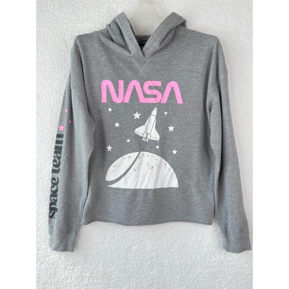 Fifth Sun NASA Space Team Cropped Hoodie Gray Pink Graphic Sweatshirt Medium